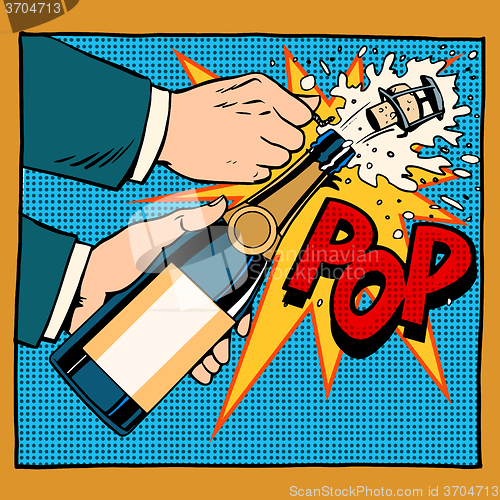 Image of opening champagne bottle pop art retro style