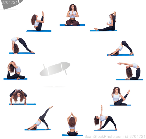Image of Collage of young beautiful fitness girl doing yoga exercise 