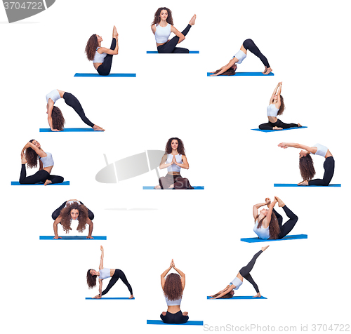 Image of Collage of young beautiful fitness girl doing yoga exercise 