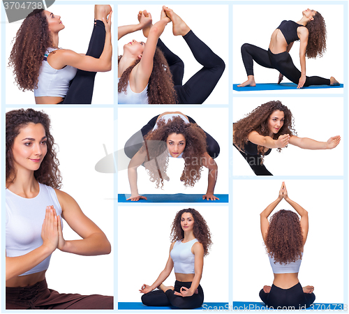 Image of Collage of young beautiful fitness girl doing yoga exercise 