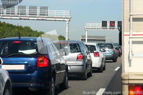 Image of cars in traffic jam on highway, in Germany 