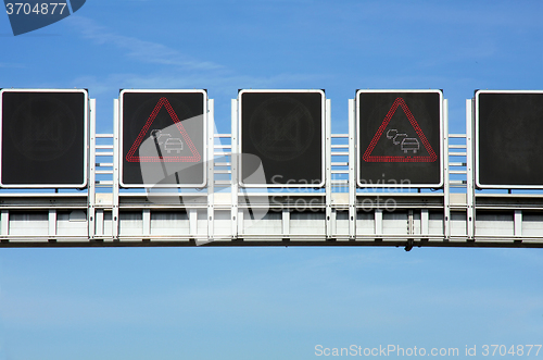 Image of road sign traffic jam on highway, in Germany 