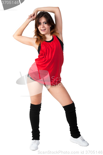 Image of young happy woman doing fitness exercise