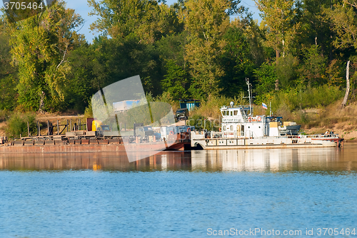 Image of Vehicle ferry cross Vyatka River. Russia