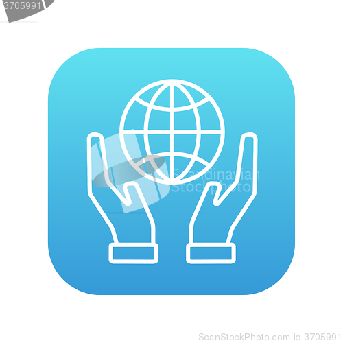 Image of Two hands holding globe line icon.