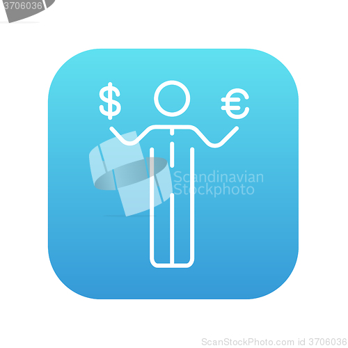 Image of Businessman holding Euro and US dollar line icon.