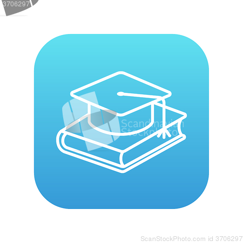 Image of Graduation cap laying on book line icon.