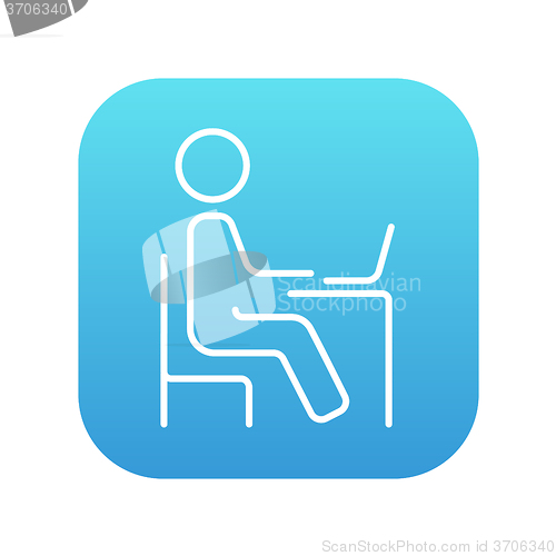 Image of Student sitting on chair in front of laptop line icon.