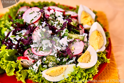 Image of salad with egg radish and green leaves