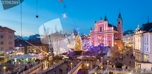 Image of Preseren\'s square for Christmas, Ljubljana, Slovenia.