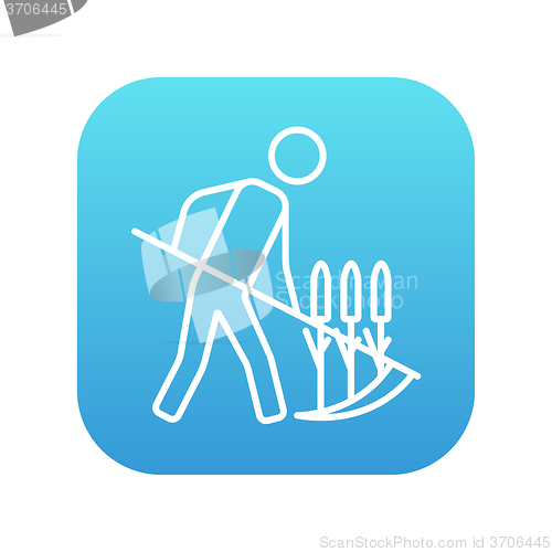 Image of Man mowing grass with scythe line icon.