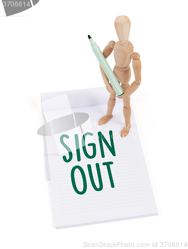 Image of Wooden mannequin writing - Sign out