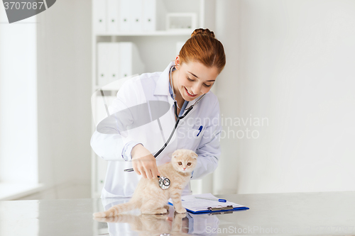 Image of happy veterinarian with kitten at vet clinic