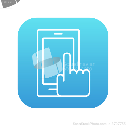 Image of Finger pointing at smart phone line icon.