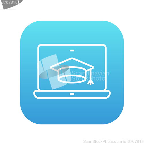 Image of Laptop with graduation cap on screen line icon.