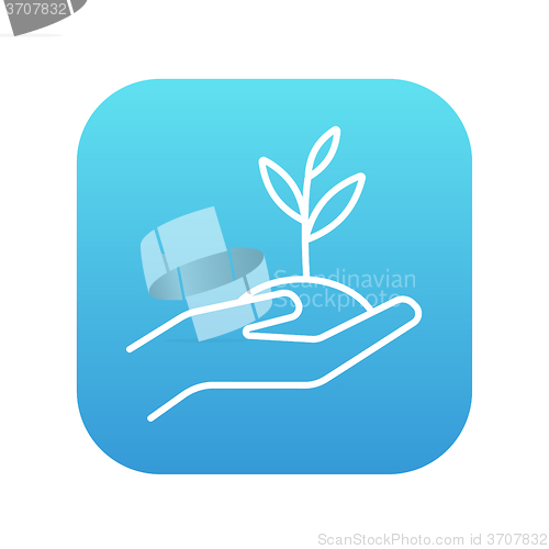 Image of Hands holding seedling in soil line icon.