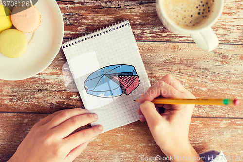 Image of close up of hands drawing chart in notebook