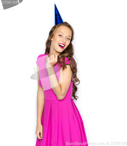 Image of happy young woman or teen girl in party cap