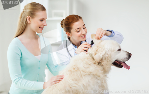 Image of happy woman with dog and doctor at vet clinic