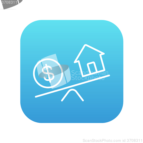 Image of House and dollar symbol on scales line icon.