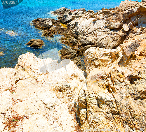 Image of in greece the mykonos island rock sea and beach blue   sky
