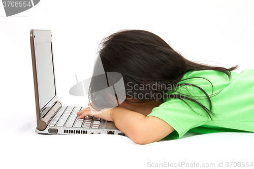 Image of Chinese little girl sleep in front of a laptop