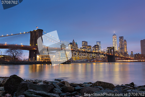 Image of Brooklyn bridge at dusk, New York City.