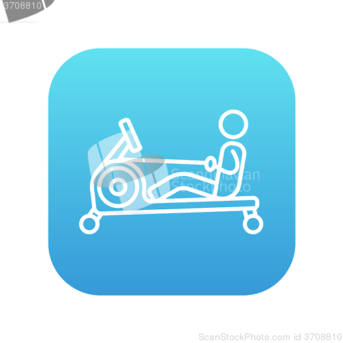 Image of Man exercising with gym apparatus line icon.