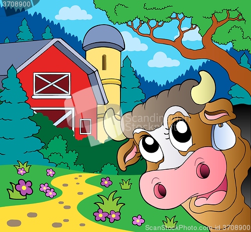 Image of Farm theme with lurking cow