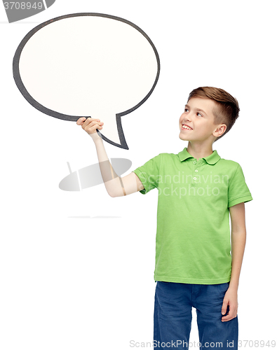 Image of happy boy holding blank white text bubble banner