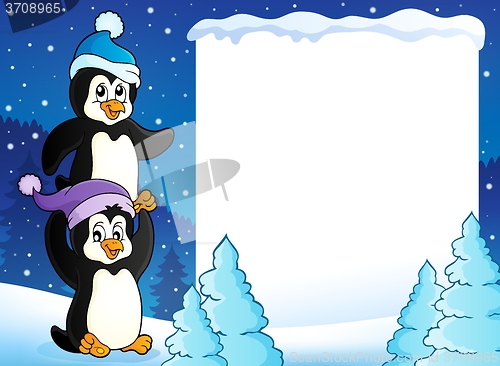 Image of Snowy frame with penguins