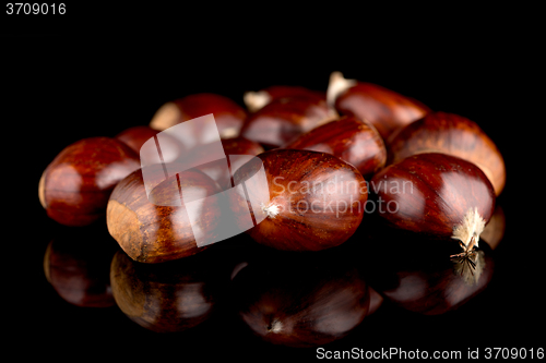 Image of Chestnuts on a black reflective background