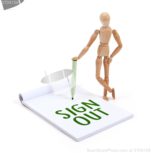 Image of Wooden mannequin writing - Sign out