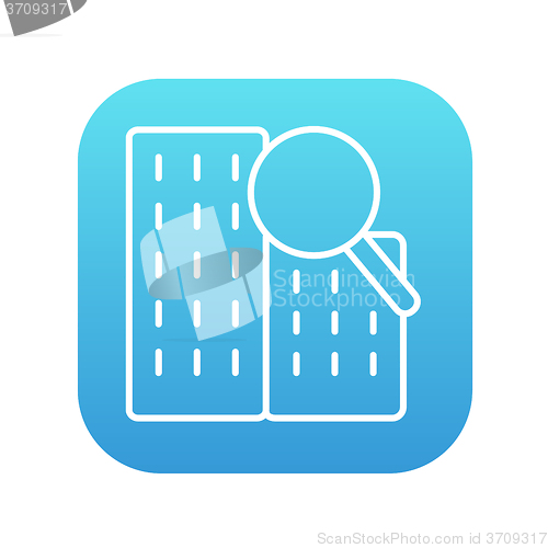 Image of Condominium and magnifying glass line icon.