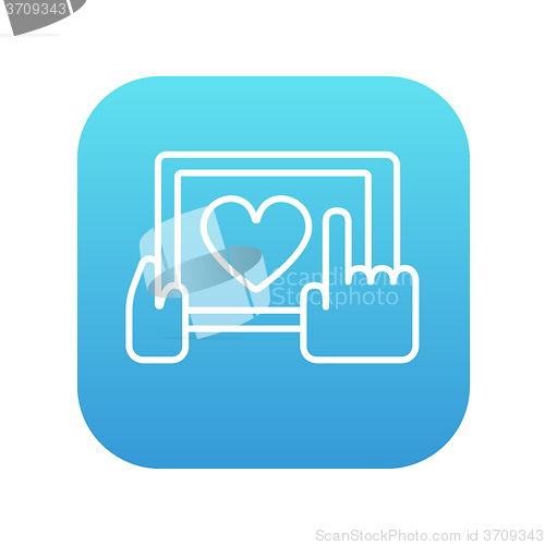 Image of Hands holding tablet with heart sign line icon.