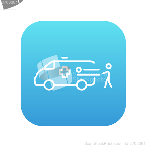 Image of Man with patient and ambulance car line icon.