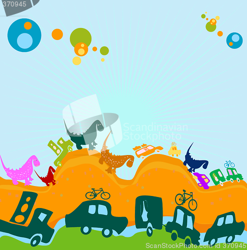 Image of dinosaurs and cars