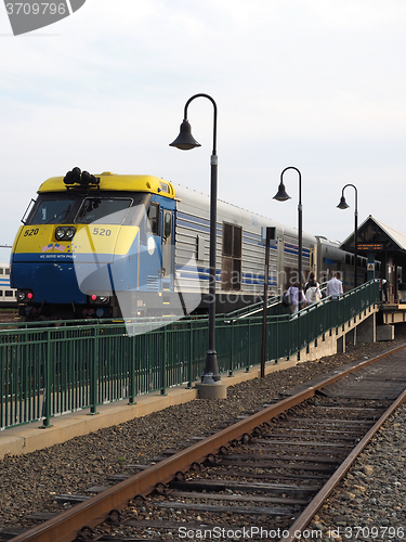 Image of commuter railrroad train in station Montauk New York USA    