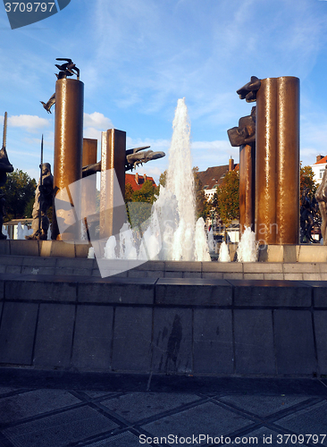 Image of Zand Square fountain statue sculpture architecture in Bruges Bel