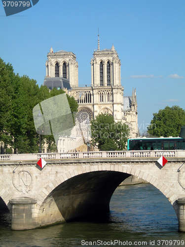Image of   Pont Notre Dame River Seine Notre Dame Cathedral Paris France 