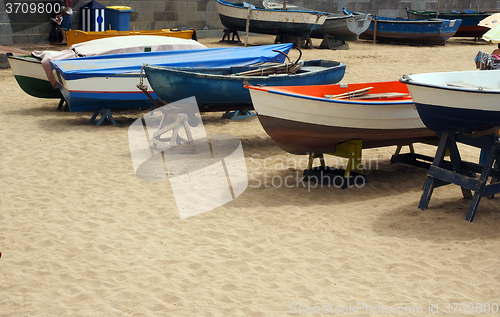 Image of local fishing boats  beach Playa de las Canteras Grand Canary Is