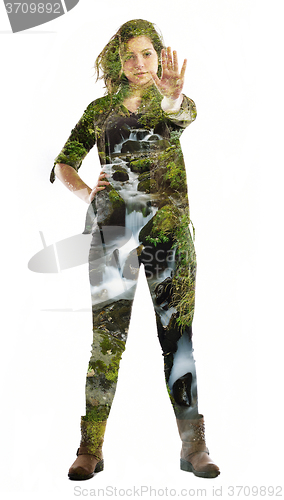 Image of double exposure of nature and  young woman dancing