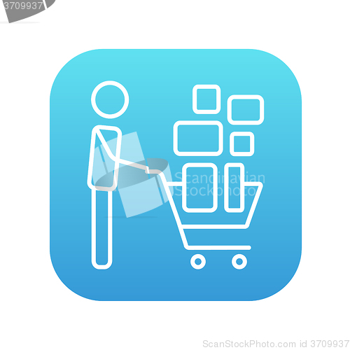 Image of Man pushing shopping cart line icon.