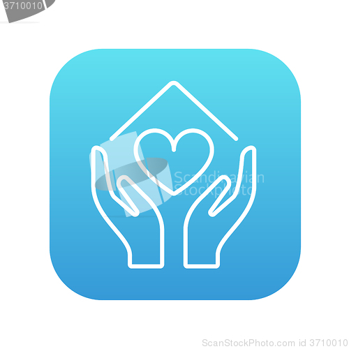 Image of Hands holding house symbol with heart shape line icon.