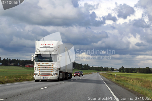 Image of White Scania Reefer Truck Landscape