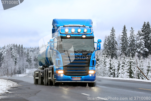 Image of Blue Scania R500 Tank Truck on the Road in Winter