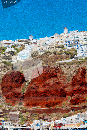 Image of from one  boat in europe greece santorini island house and rocks