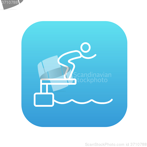 Image of Swimmer jumping from starting block in pool line icon.