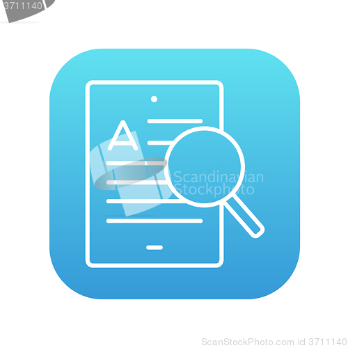 Image of Tablet and magnifying glass line icon.