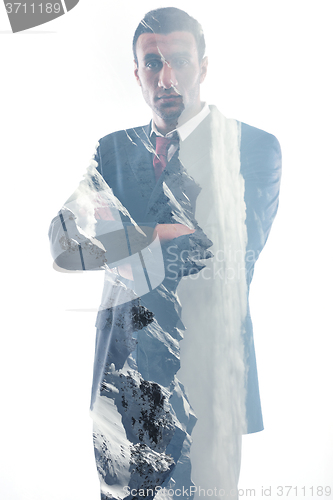 Image of double exposure of business man isolated over white background